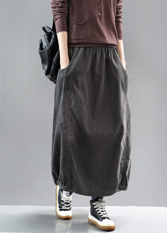 Grey Black Wrinkled Patchwork Corduroy Skirts Spring