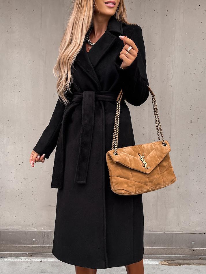 Coats Simple Lapel Belted Long Sleeve Woolen Coat