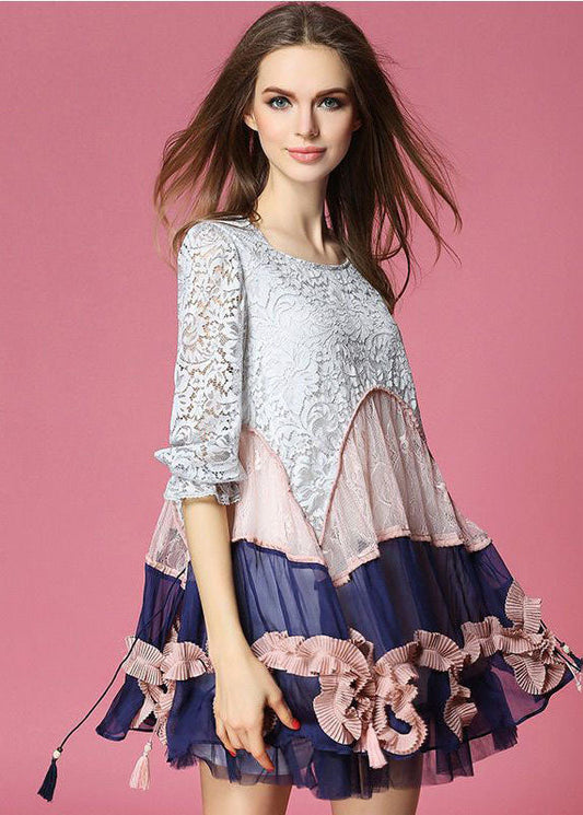 Colorblock Asymmetrical Design Patchwork Lace Vacation Dress Half Sleeve