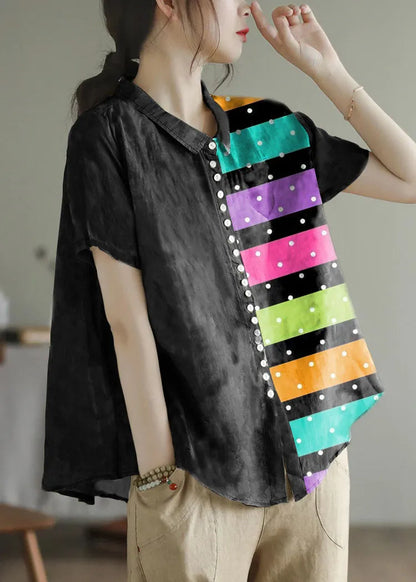 Peter Pan Collar Print Button Low High Design Linen Shirts Short Sleeve