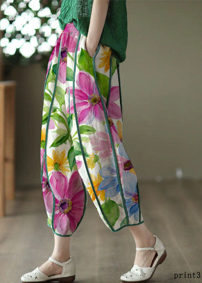 Retro Purple Flower Print5 Pockets Linen Skirt Summer