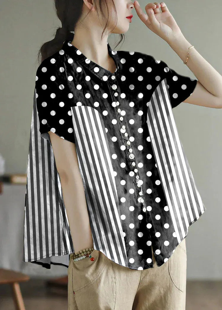Peter Pan Collar Print Button Low High Design Linen Shirts Short Sleeve