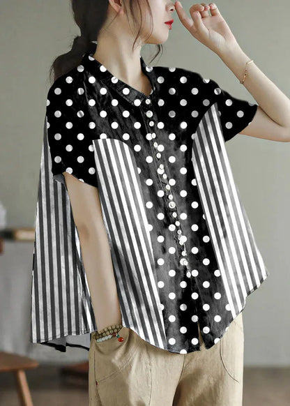 Peter Pan Collar Print Button Low High Design Linen Shirts Short Sleeve