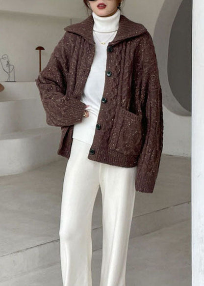 Coffee Peter Pan Collar Button Knit Winter Coat