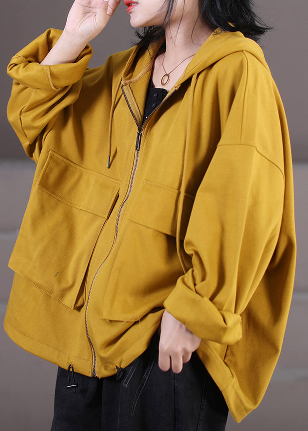Yellow Zippered Drawstring Cotton Hooded Coat Fall