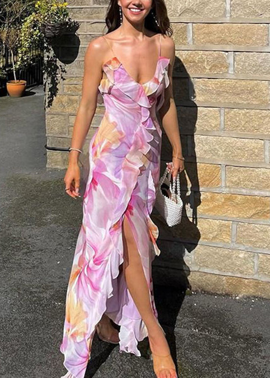 Purple Ruffled Print Cotton Spaghetti Strap Dress Summer