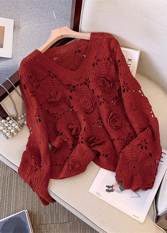 Boutique Red Oversized Decorated Knit Sweaters Fall
