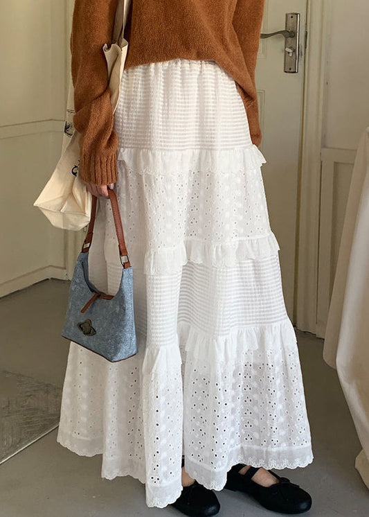 White Ruffled Hollow Out Cotton Skirts Summer