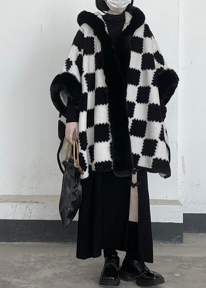White Oversized Plaid Woolen Hooded Jacket Winter