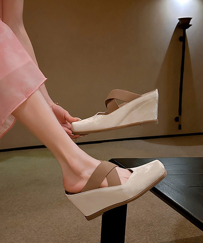 Handmade Beige Cowhide Leather Cross Strap High Wedge Heels Shoes