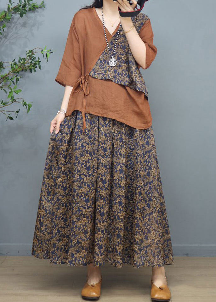 New Khaki Print Patchwork Tops and Skirts Cotton Two Pieces Set Summer