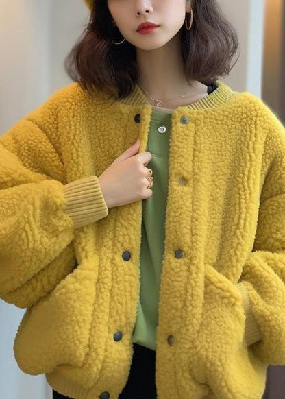 Yellow Button Pockets Teddy Faux Fur Coat Spring