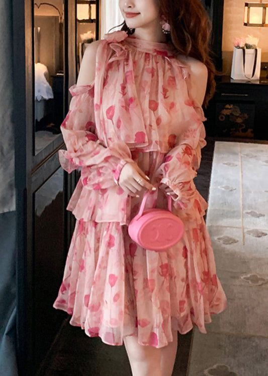 Pink Cold Shoulder Print Chiffon Mid Dress Summer
