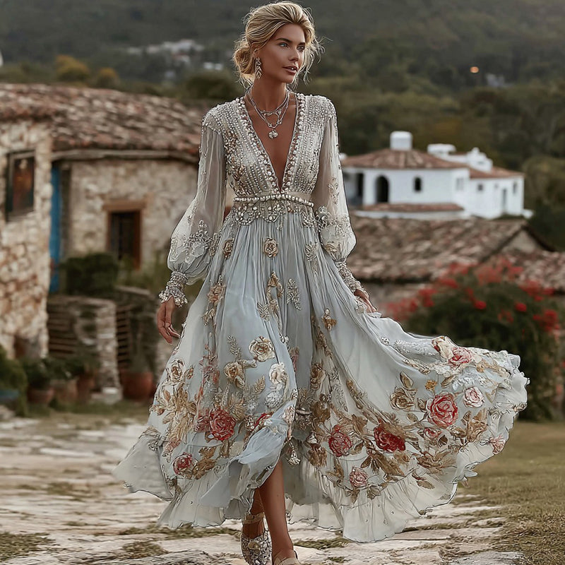 Women's Vintage Bohemian Floral Embroidered Casual Long Sleeve Dress