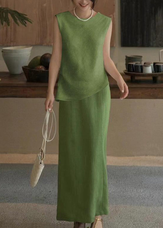 French Green O-neck Patchwork Linen Top and Maxi Skirts Two Pieces Set Sleeveless