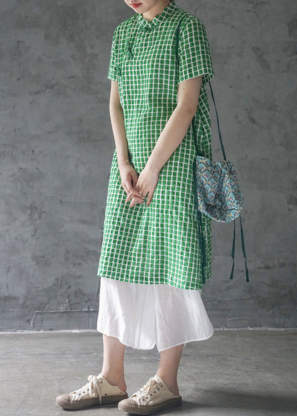 Green Mandarin Collar Button Plaid Cotton Dresses Short Sleeve