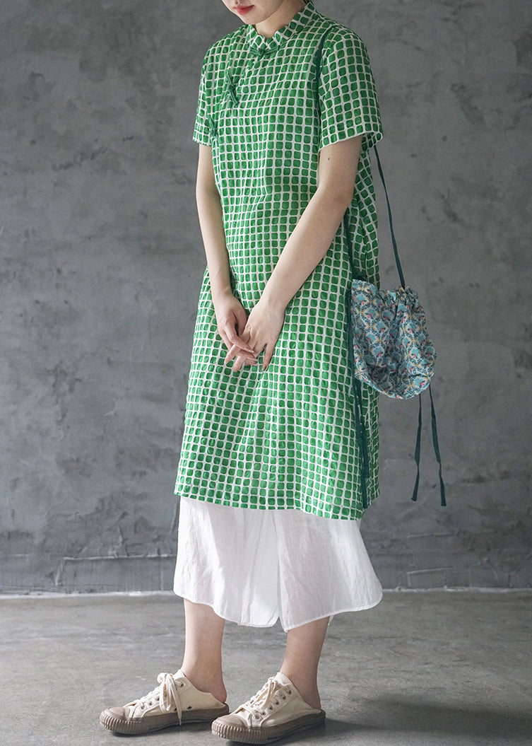Green Mandarin Collar Button Plaid Cotton Dresses Short Sleeve