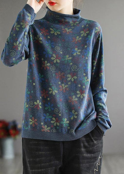 Khaki Print Sweater Tops High Neck Spring Knitwear