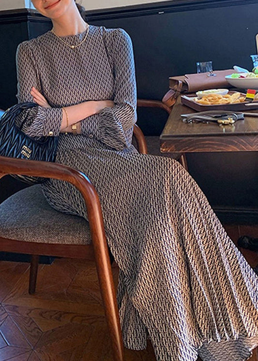 Italian Navy O-neck Print High Waist Cotton Long Dresses Fall