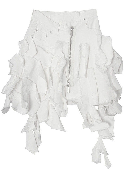 White Patchwork Summer Zippered Skirts Cotton