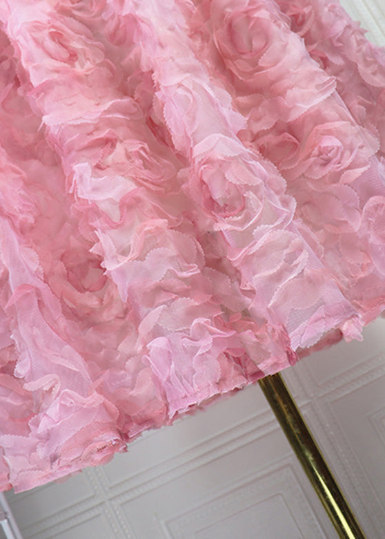 Gradient Color Pink Rose Embroideried High Waist Tulle Maxi Skirt Spring