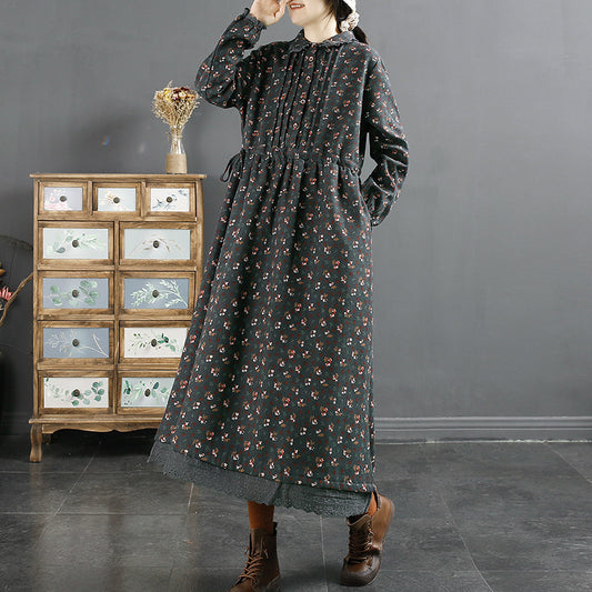 Winter Retro Pleated Cotton Linen Dress