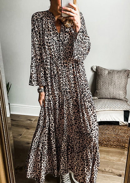Leopard V Neck Patchwork Maxi Dress Fall