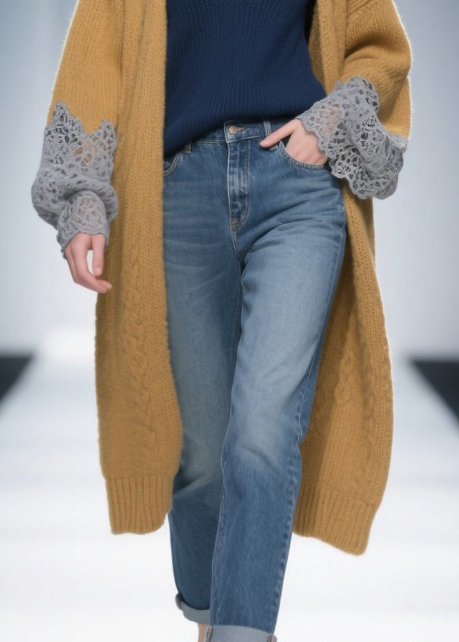 Brown Oversized Patchwork Lace Knit Long Cardigans Winter