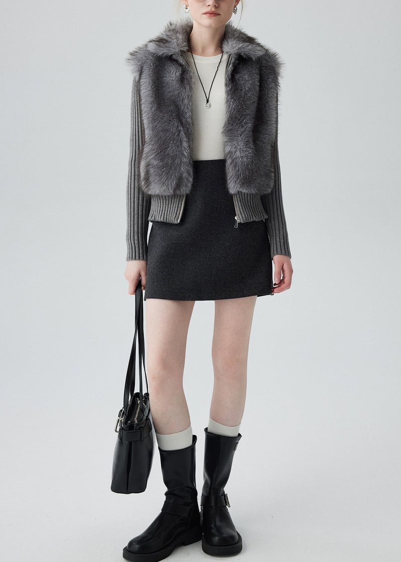 Grey Peter Pan Collar Patchwork Faux Fur Knit Cardigan Winter