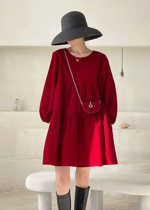 Red Patchwork Velour Mini Dress Puff Sleeve