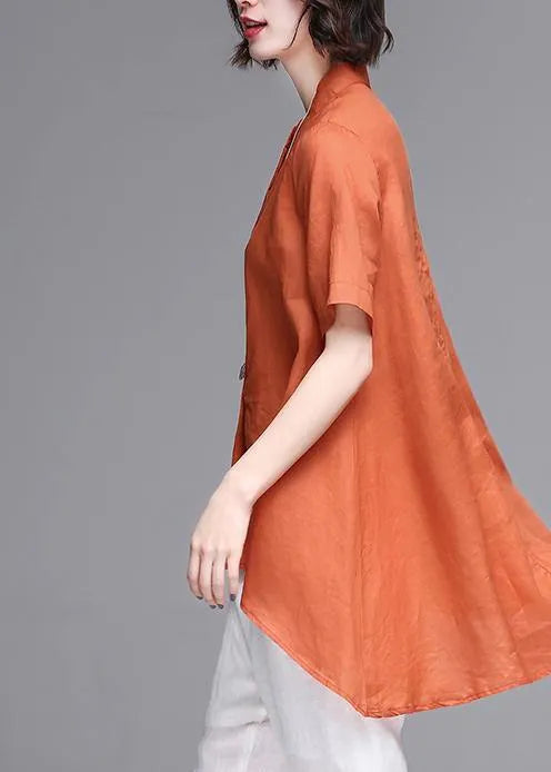 Natural Stand Collar Asymmetric Linen Cotton Box Top Orange Box Shirts Summer