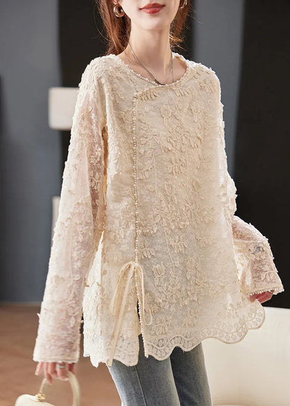 Beige Embroidered Nail Bead Lace Up Chiffon Shirt Spring
