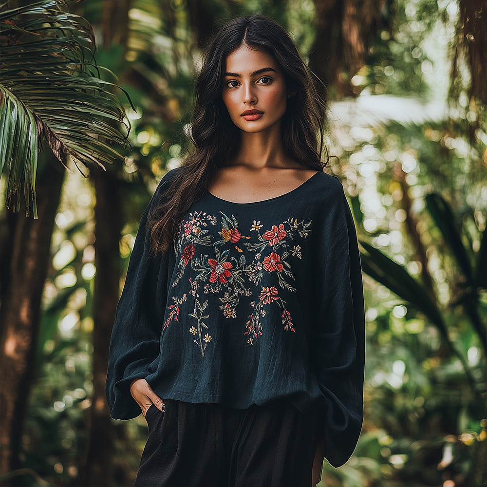 Bohemian Floral Embroidered Linen Crew Neck Shirt elevenforest