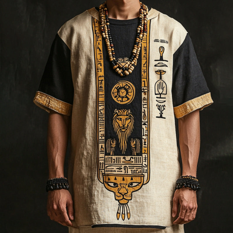 Vintage Egyptian Pattern Embroidered Contrast Linen Shirt elevenforest