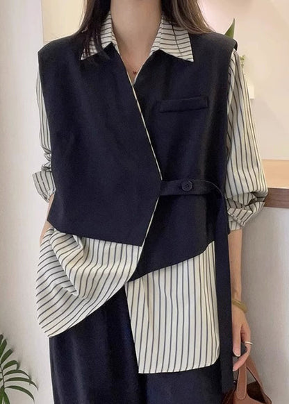 Striped Asymmetrical Button Cotton Shirt Long Sleeve