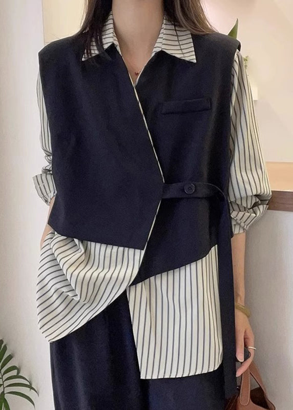 Striped Asymmetrical Button Cotton Shirt Long Sleeve