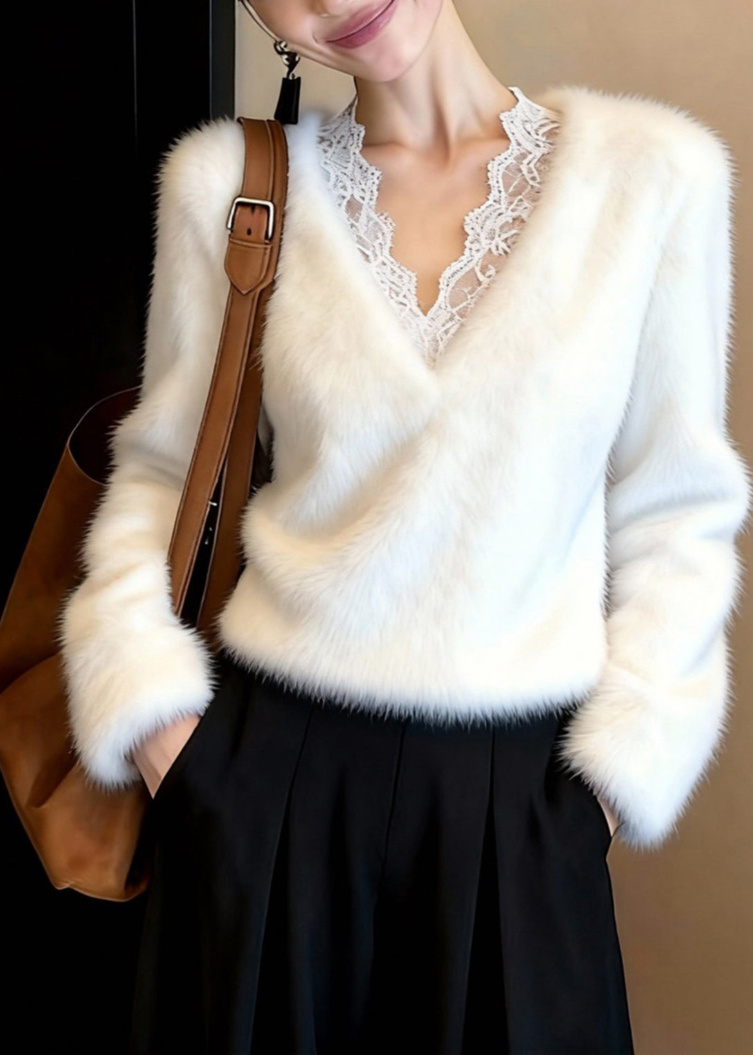 Classy White V Neck Patchwork Mink Hair Knitted Sweater Tops Winter