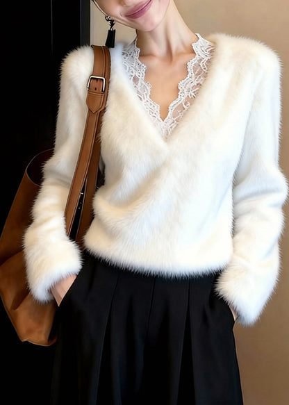 Classy White V Neck Patchwork Mink Hair Knitted Sweater Tops Winter