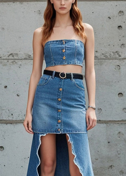 Blue Low High Design Patchwork Denim Skirts Spring