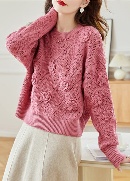 Pink O Neck Hollow Out Knit Sweater Spring