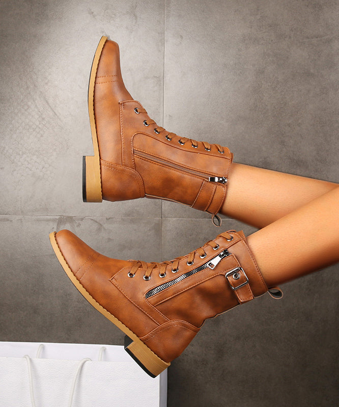 Brown Cross Strap Zippered Splicing Chunky Boots