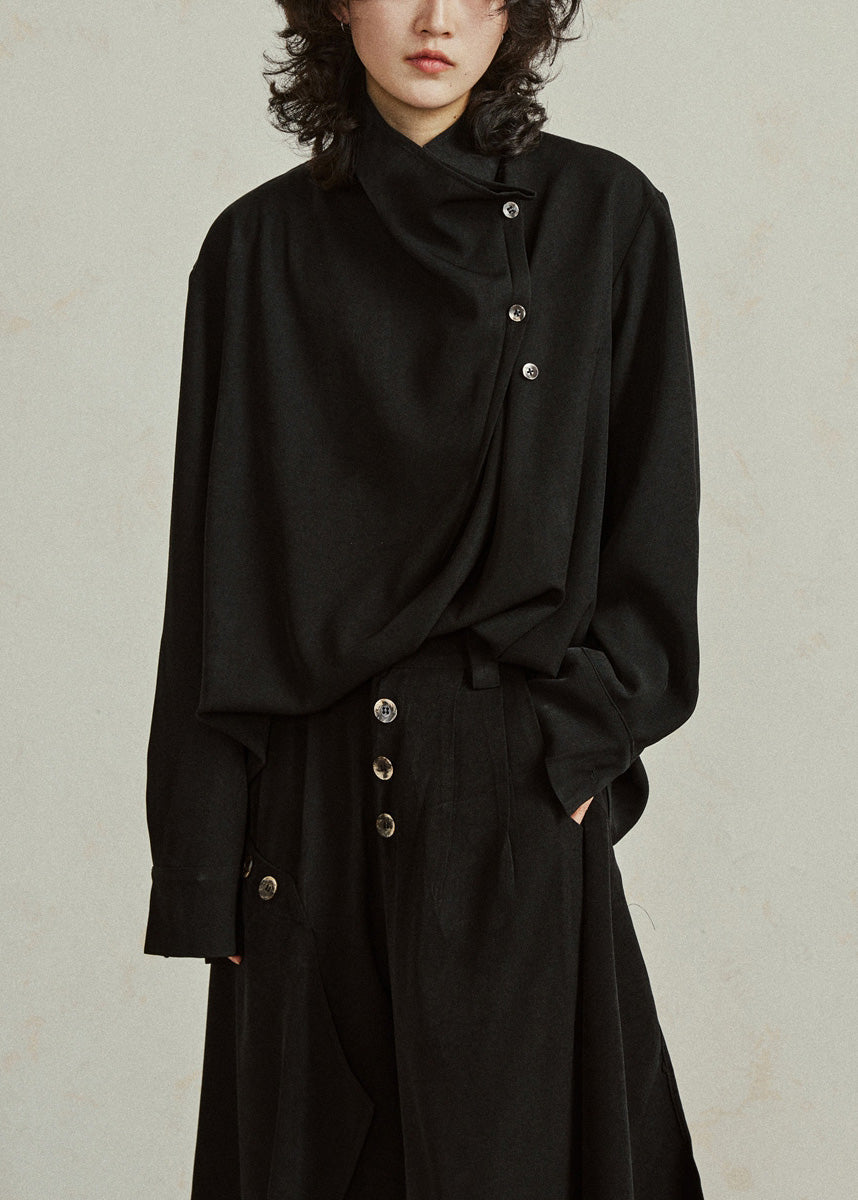 Black Stand Collar Patchwork Tops Fall