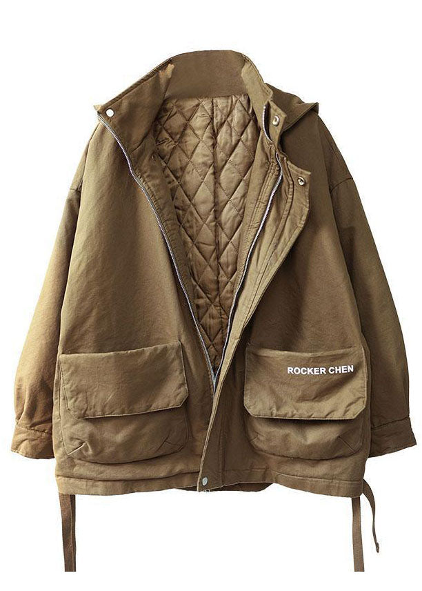 Khaki Hooded Zippered Winter Cotton Long Sleeve Coat