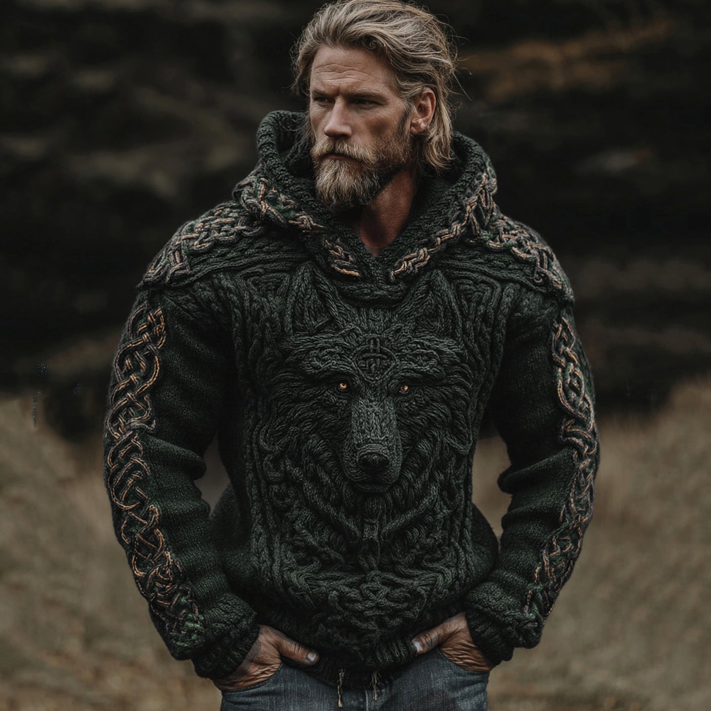 Men's Viking Wolf Celtic Knot Jacquard Knitted Hooded Sweater artswardrobe