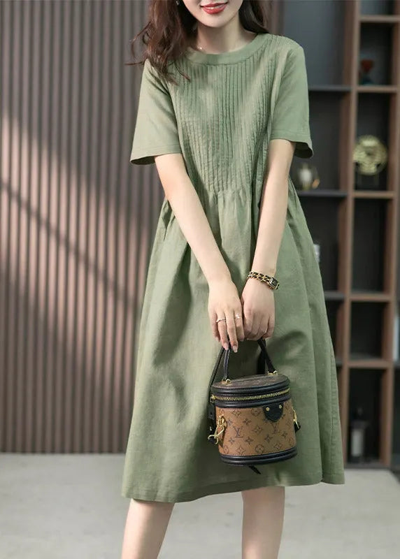 French Green O-neck Wrinkled Linen Dress Short Sleeve