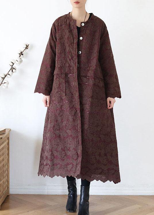 Unique Coffee Retro Jacquard Pockets Fall Coats Long Sleeve