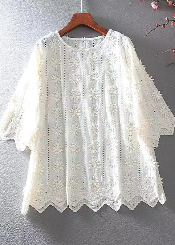 Apricot Embroidered Hollow Out Cotton Top Half Sleeve