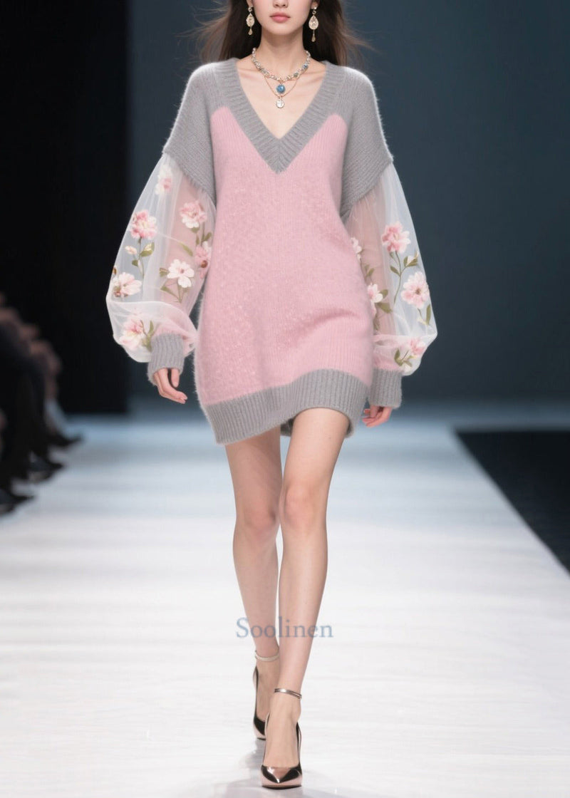 Boutique Colorblock V Neck Patchwork Tulle Knitwear Dress Winter