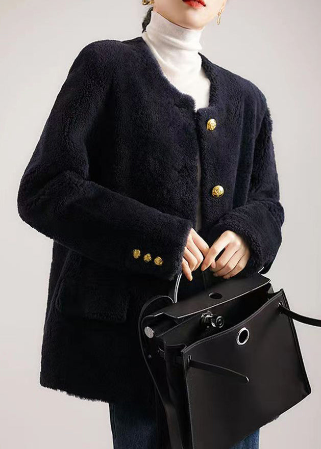 Navy O Neck Pockets Button Patchwork Wool Coat Winter