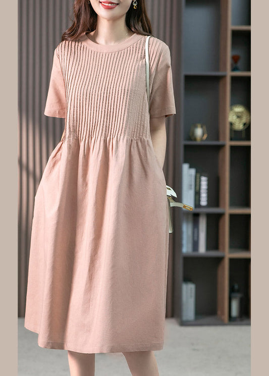 Pink O-neck Pockets Linen Long Dress Short Sleeve